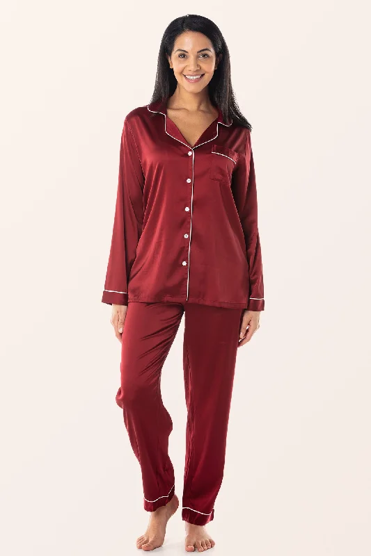 Satin 2-Piece Classic Pyjama Set - Wine Red High-end pajama sets