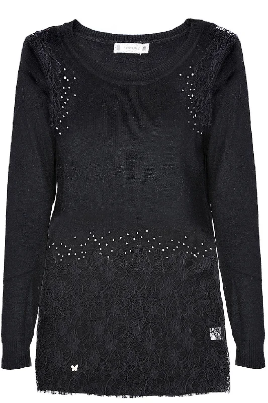 PHILLIPA Black Lace Crystal Jumper Knitted sweaters