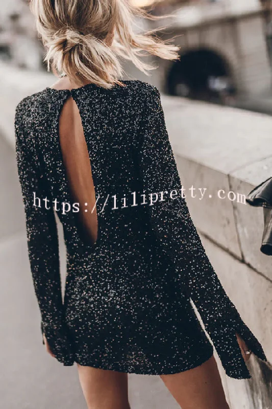 Lilipretty Flash Focus Sequin Extra Long Slit Sleeves Open Back Mini Dress Cute floral print mini dresses