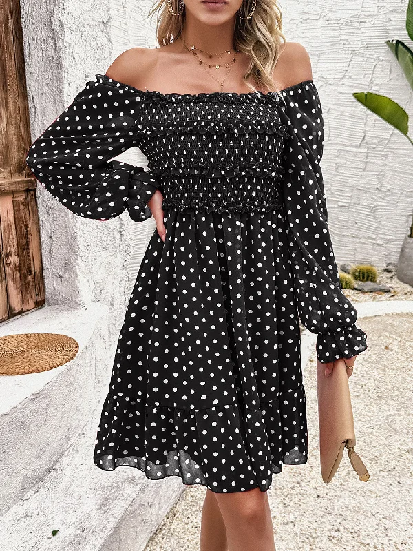 Smocked Polka Dot Long Sleeve Dress Ruffled mini dresses