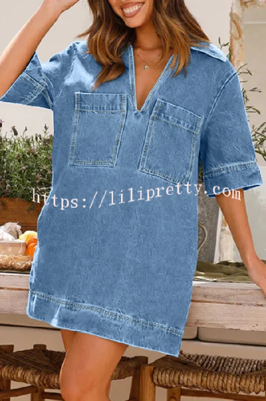 Tara V Neck Pocket Half Sleeve Denim Mini Dress Club mini dresses