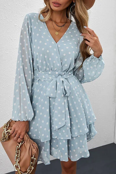 Tied Layered Polka Dot Balloon Sleeve Dress Fashion-forward mini dresses