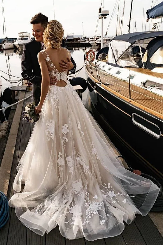 A Line Floral Appliques Beach Wedding Dresses Backless Tulle Boho Wedding Gowns Sexy Lace Gown