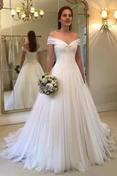 A Line Off the Shoulder Simple Sweetheart Ivory Beach Wedding Dresses Bridal Gown Full Skirt Wedding