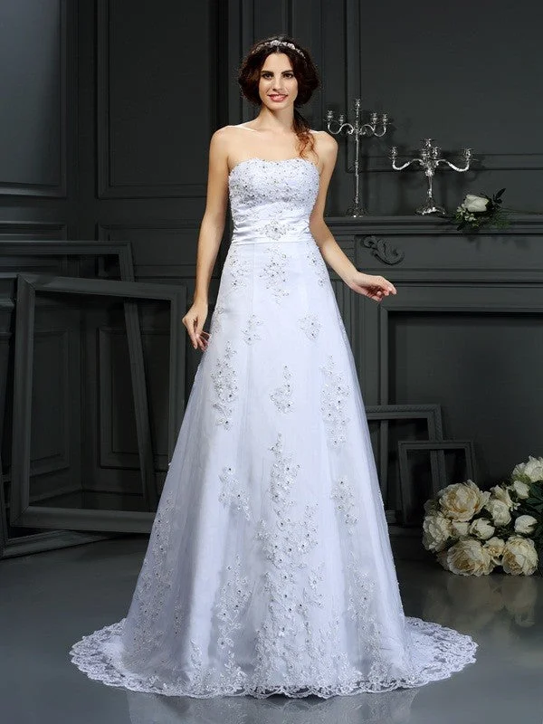 A-Line/Princess Strapless Applique Sleeveless Long Satin Wedding Dresses Sheer Wedding Dress