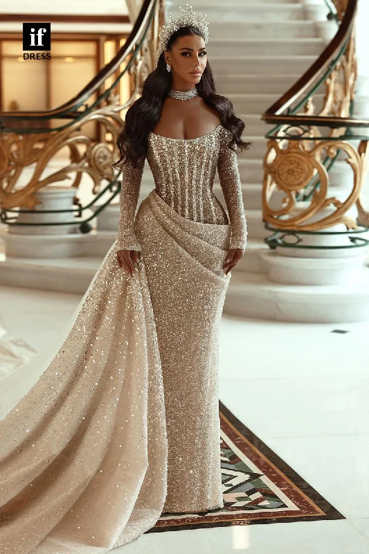 31737 - Glamorous Scoop Pleats Sequined Long Sleeves Boho Wedding Dress with Train Glitter Wedding Dress