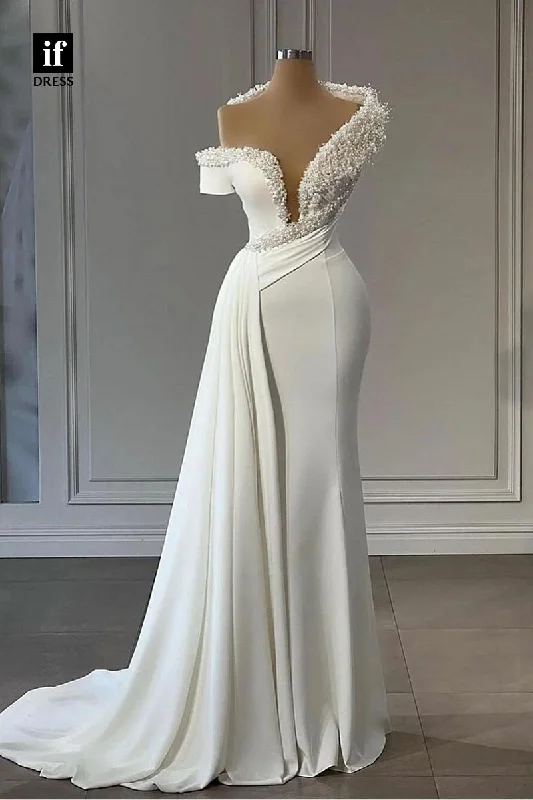 31738 - Gorgeous Beads V-Neck Satin Sheath/Column Boho Wedding Dress with Train Ruffled Wedding Dress