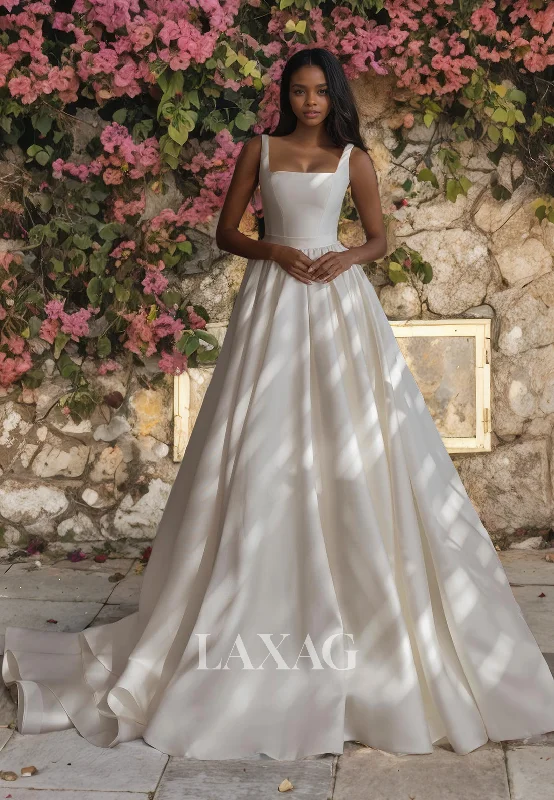 A-Line Square Sleek Satin Eleagnt Wedding Dress with Train Full Skirt Gown