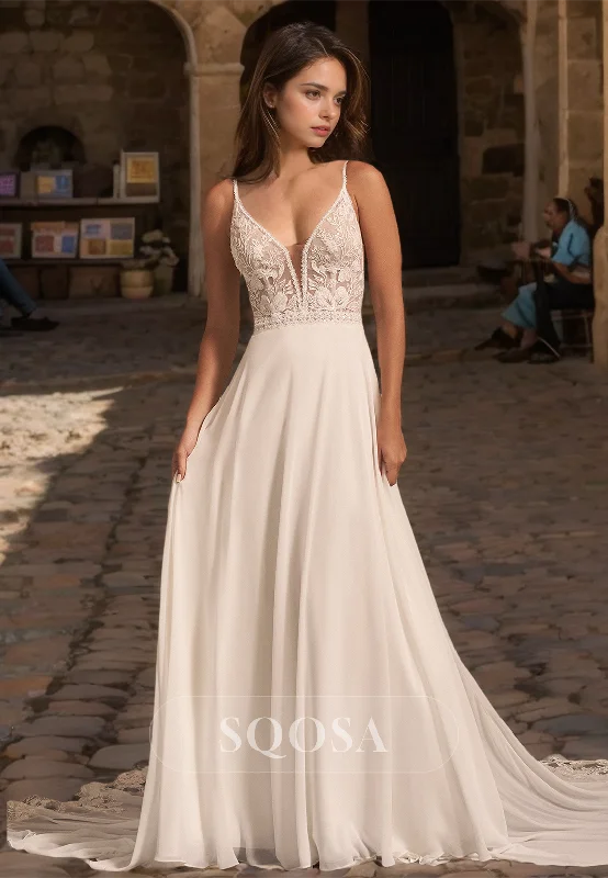 Deep V-Neck Spaghetti Straps A-Line Bride Gowns Sleeveless Applique Cutout Train Wedding Dress Crystal Wedding Dress