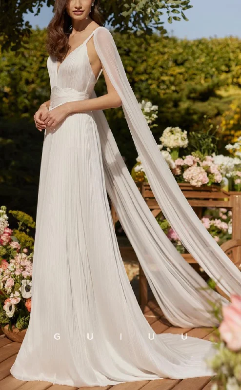 GW609 - Chic & Modern A-Line V-Neck Straps Draped Pleated Long Wedding Dress with Overlay & Sweep Train Tiered Wedding Dress