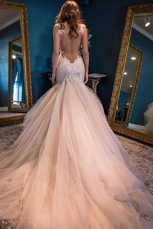 Elegant Mermaid Sweetheart Watteau Train Yarn Lace Tulle Pink Wedding Dresses WK303 Romantic Satin Dress