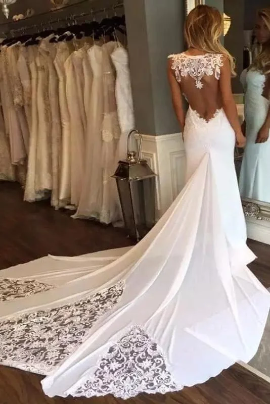 Elegant Sleeveless Mermaid Sheath Backless Sweetheart Applique Lace Wedding Dresses WK235 Lace Sleeveless Dress