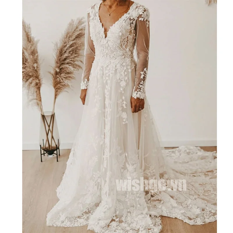 Elegant V-neck Long Sleeves  Applique Lace Long Wedding Dresses WDH005 Chic Bridal Gown