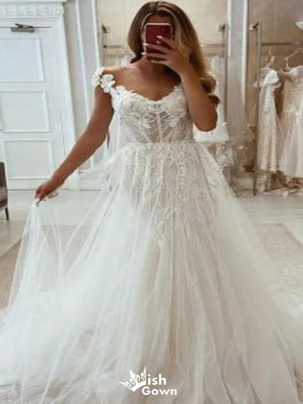 Gorgeous Tulle V Neck Cap Sleeve Applique Popular Bridal Long Wedding Dresses, WDH107 Princess Bridal Dress