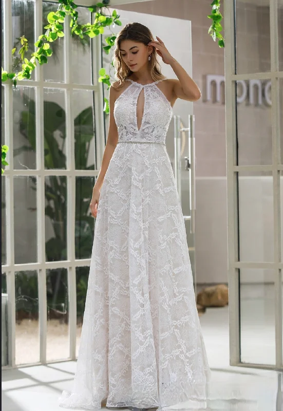 Halter Neckline Lace Bridal Gown With Crisscross Back Luxury Wedding Dress