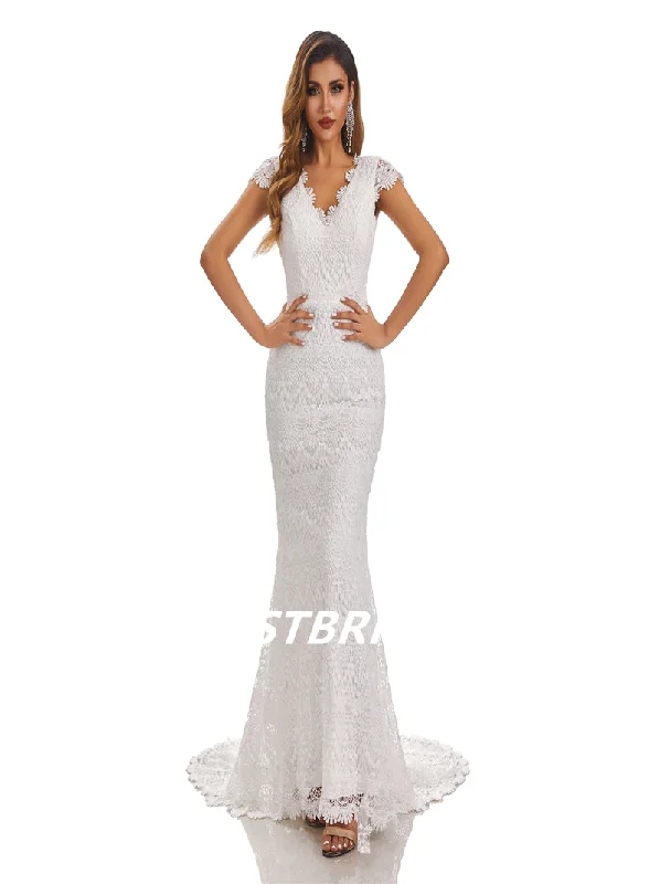 Ivory Mermaid V-Neck Backless Handmade Lace Wedding Dresses, WDY0184 Chic Wedding Gown