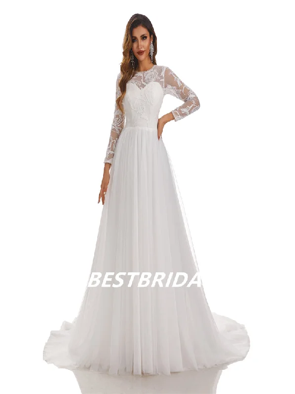 Lvory A-Line Floor-length applique Long Sleeves Handmade Lace Wedding Dressess, WDY0183 Off-shoulder Gown