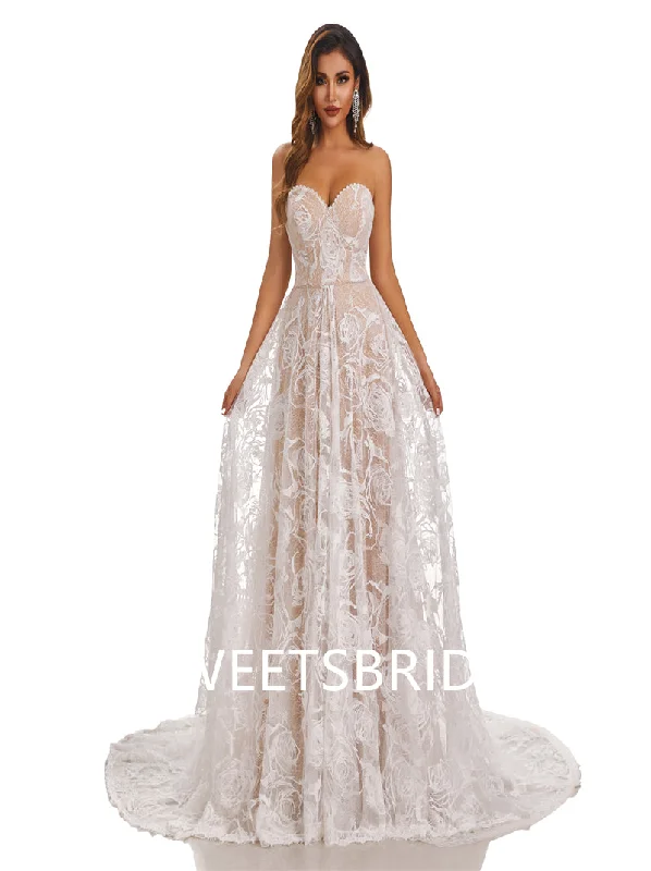 Lvory Lace Chiffon Sweetheart A-line Applique Floor-length Wedding Dresses,DB0175 Sleek Wedding Dress