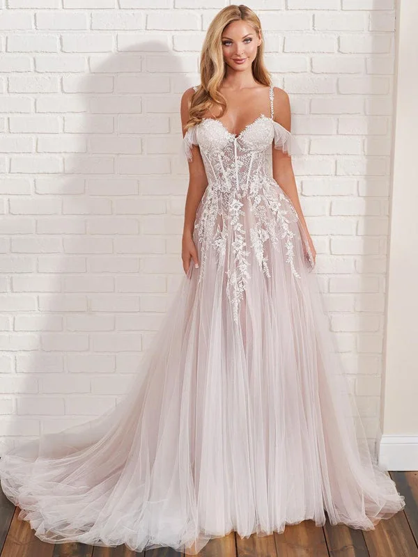 Newest Spaghetti Straps A-line Tulle Long Wedding Dresses, WG214 Luxury Lace Gown