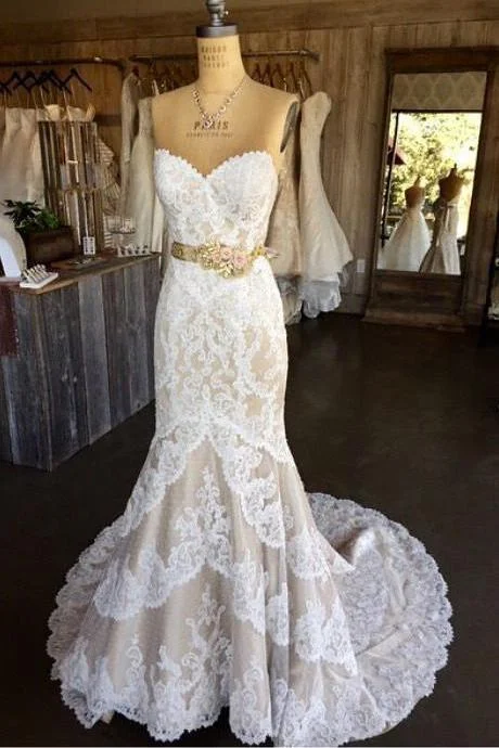 Princess Mermaid Strapless Sweetheart Lace Appliques with Flowers Wedding Dresses WK998 Sexy Wedding Dress