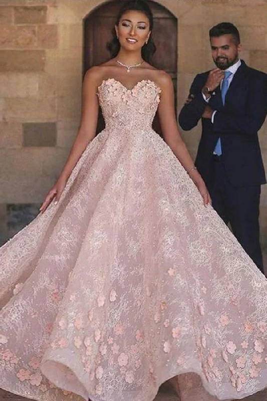 Princess Sexy A-Line Sweetheart Strapless Pink Beaded Lace Prom Dress with Appliques WK801 Princess Wedding Dress