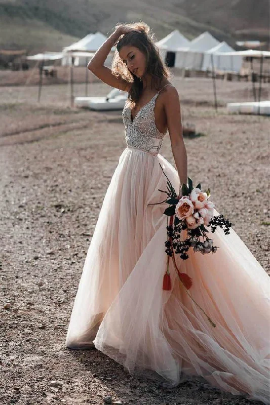 Romantic Champagne Beading Wedding Dress Backless Bridal Dress Modern Lace Gown