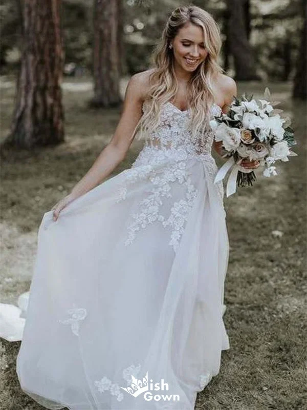 Romantic Tulle Strapless With Train Applique Popular Bridal Long Wedding Dresses, WDH108 Wedding Gown Set