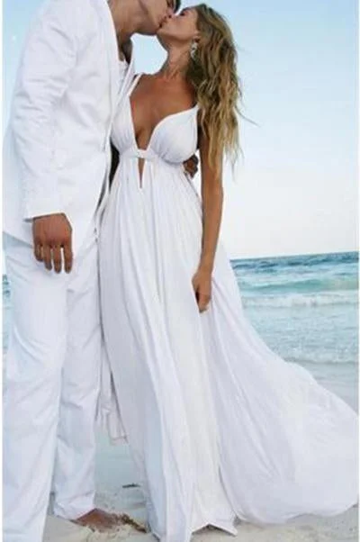 Sexy Deep V Neck White Chiffon Beach Elegant A-Line Bridal Floor-Length Wedding Dresses Classic Lace Gown