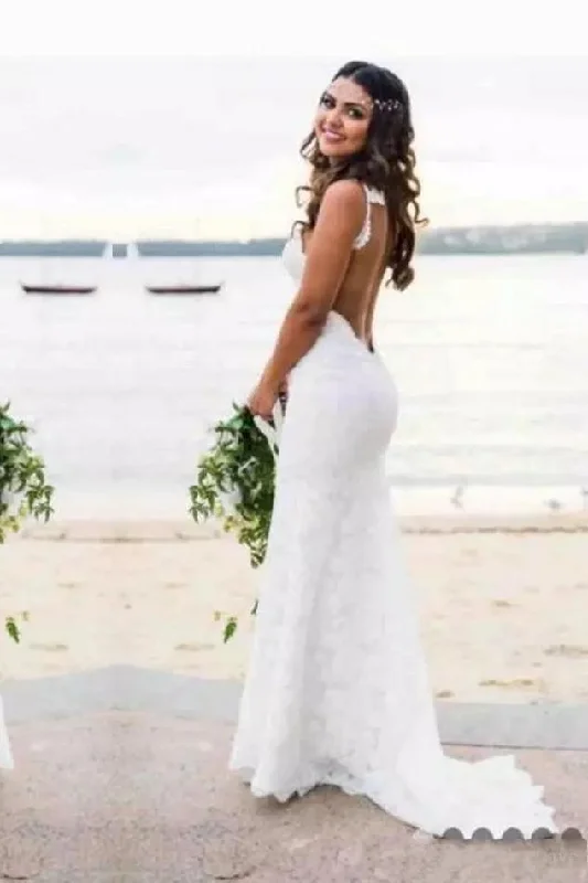 Sexy Lace Mermaid Spaghetti Straps V Neck Backless Beach Wedding Dresses Long Sleeve Gown