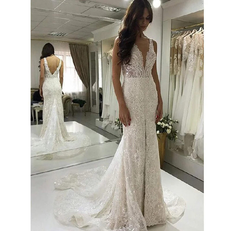 Sexy V Neck Lace V Back Mermaid Long Bridal Wedding Dresses, BGP247 Open Back Dress