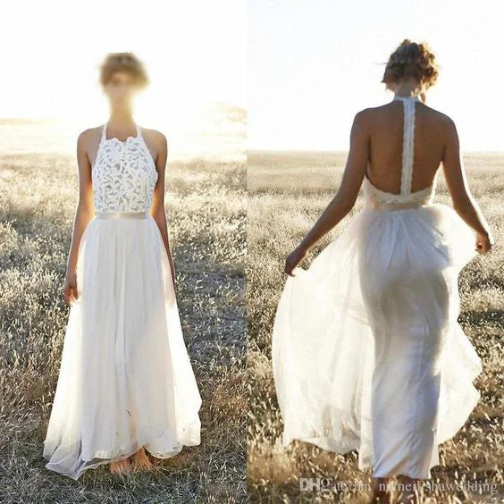 Simple Lace Top Chiffon Formal Long Brides Beach Wedding Dresses, WG664 Strapless Bridal Dress