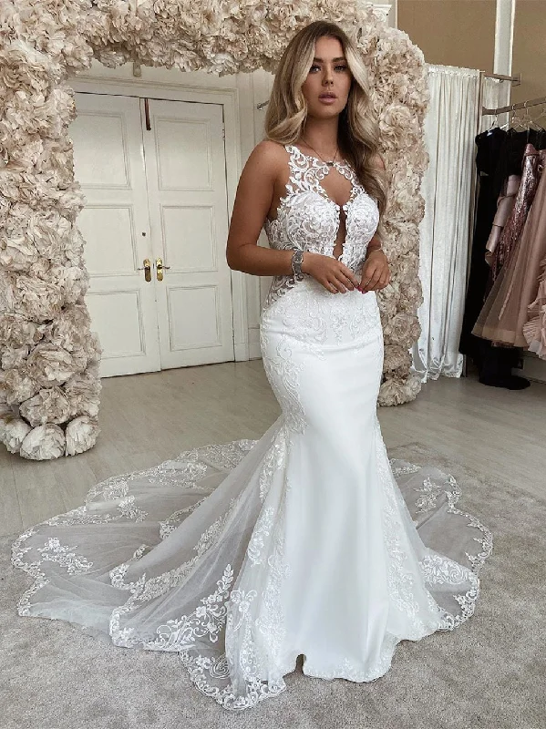 Sleeveless Lace Jersey Wedding Dresses, Long Bridal Gown, Popular 2020 Wedding Dresses Sparkling Wedding Dress