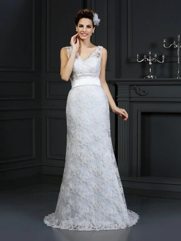 Trumpet/Mermaid Sweetheart Applique Sleeveless Long Lace Wedding Dresses Lace Boho Dress