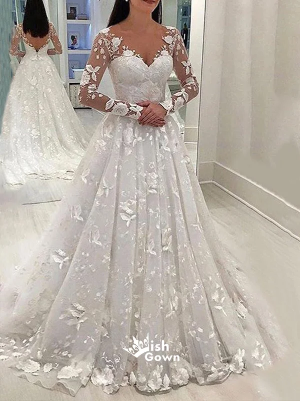 Unique Appliques V-neck Long Sleeves Wedding Dress WDH066 Empire Waist Gown