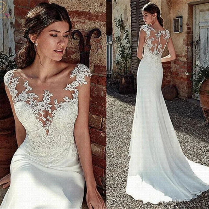 Wedding Dress Lace Appliques Sheer Bridal Dress Illusion Back Elegant Bridal Gown