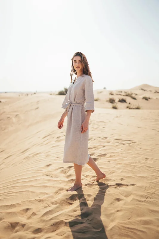 Aria - Straight Belted Midi Linen Dress Knitted midi dresses