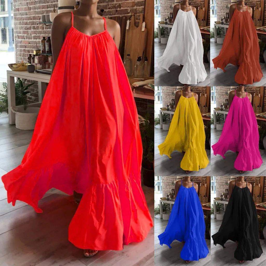 Bohemian Beach Sundress Sexy Sleeveless Backless Big Swing Maxi Long Dress Strapless Ruffles Midi Dresses Vacation Vestidos Stretchy midi dresses