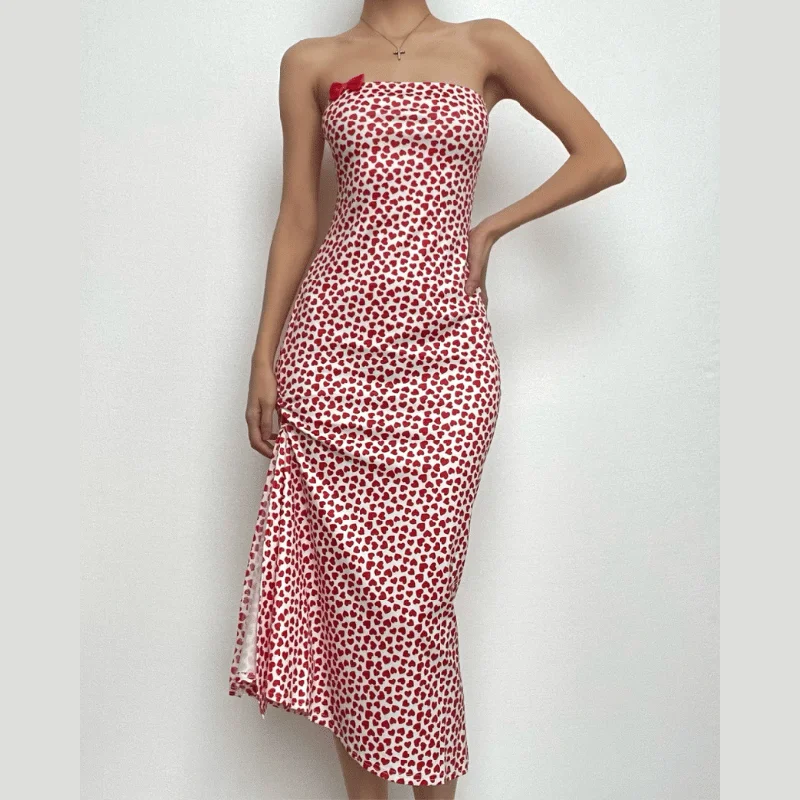 Heart print contrast slit bowknot backless tube midi dress Casual midi dresses