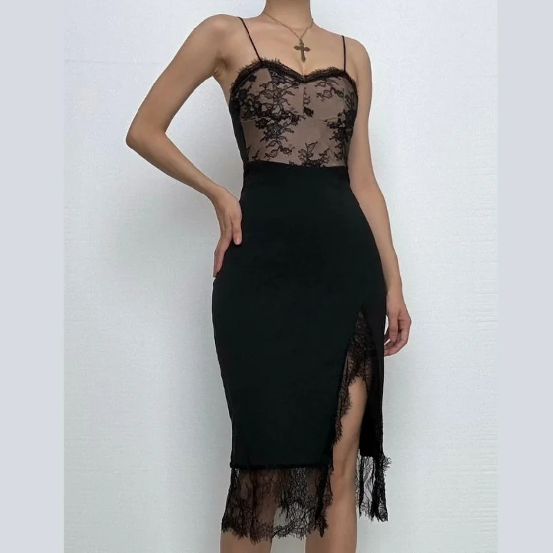 Lace patchwork contrast slit irregular midi dress Must-have midi dresses for this season