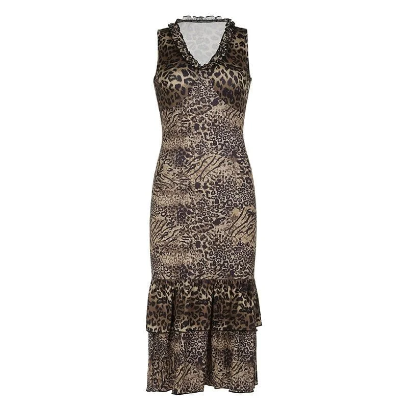 Leopard print v neck ruffle ruched midi dress Sleeveless midi dresses