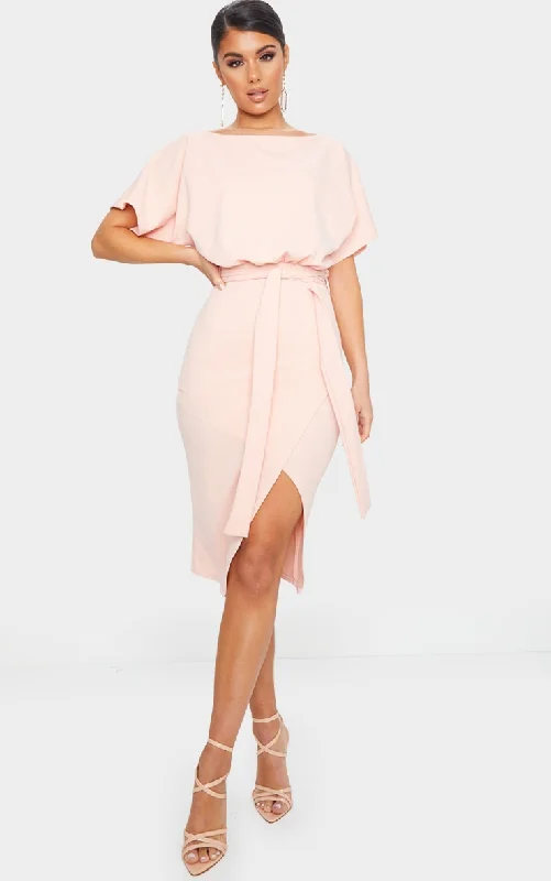 Nude Wrap Front Kimono Sleeve Midi Dress Summer party midi dresses