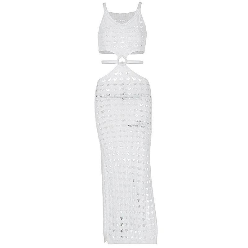 U neck knitted o ring see through tank midi dress Flowy midi dresses