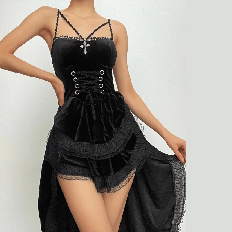 Velvet lace hem ruched lace up backless irregular midi dress Best midi dresses for date night