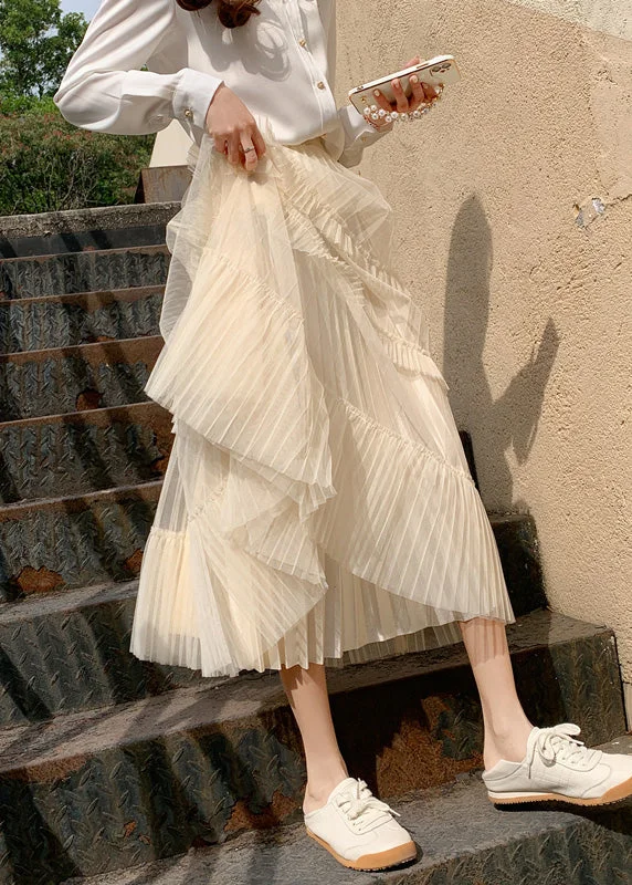 Apricot Elastic Waist Wrinkled Tulle Cake Skirt Spring Asymmetrical unclassified skirts