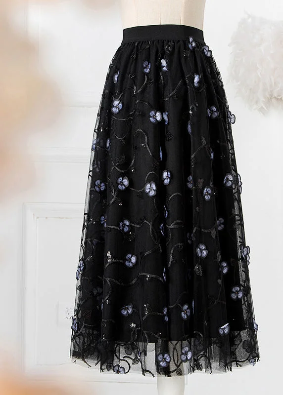 Art Black Embroideried Floral High Waist Tulle Pleated Skirts Spring Winter unclassified skirts