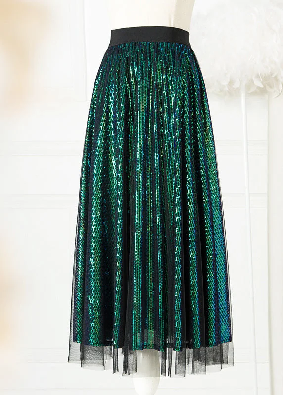 Stylish Green Elastic Waist Sequins Tulle A Line Skirt Spring Petite unclassified skirts