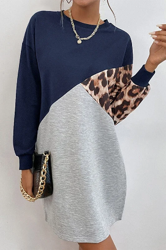 WOMEN LEOPARD COLOR BLOCK LONG SLEEVE COZY DRESS Cotton maxi dresses