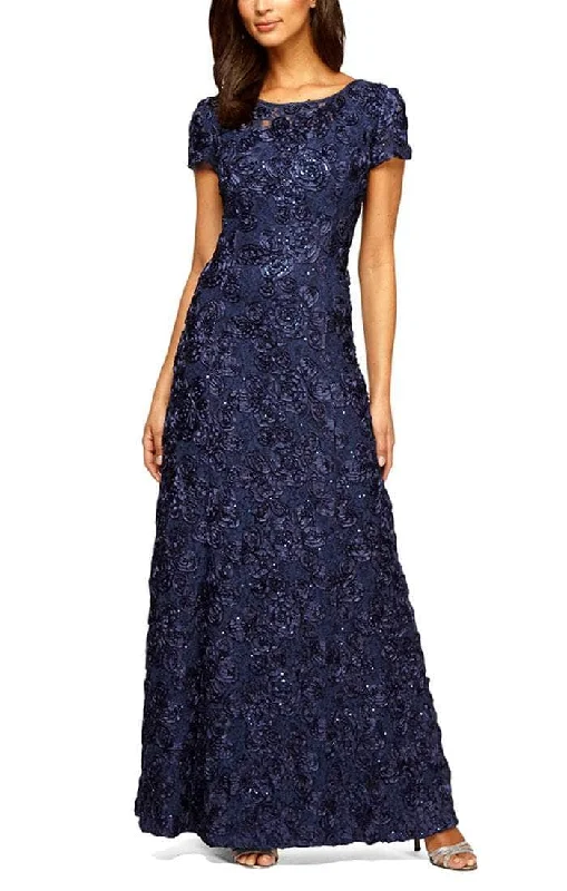 Alex Evenings - 212788 Rosette Lace Sequin Short Sleeve A-Line Gown Fall party dresses