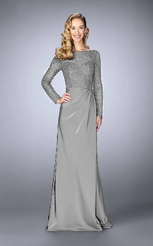 La Femme - Long Sleeve Beaded Bodice Draped Gown 24895SC Cotton party dresses