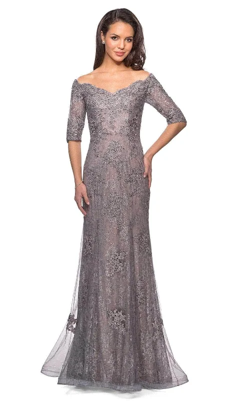 La Femme - 24866SC Elbow Length Sleeve Embroidered Sheer Overlay Evening Gown Cocktail party dresses